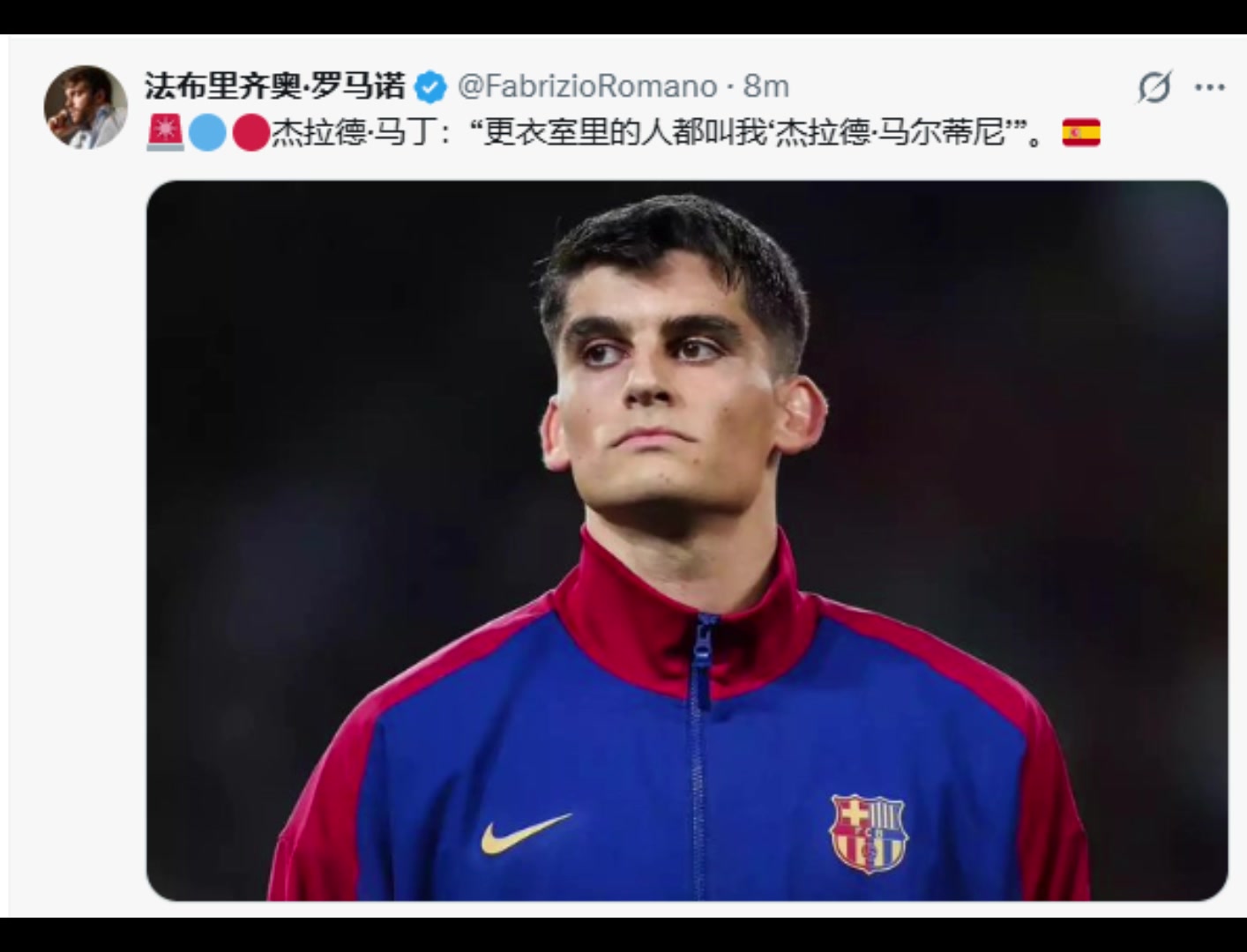 罗马诺发文称马丁更衣室里的人都叫我杰拉德马尔蒂尼